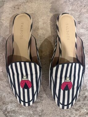 Talbots Navy & White Striped Mules with Red Ladybug Embroidery